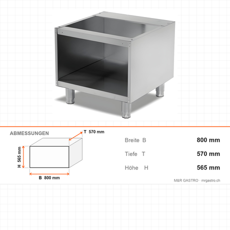 Unterschrank offen, ohne Tür, 800×570×565 mm, Edelstahl, Snack-Line – Abmessungen
