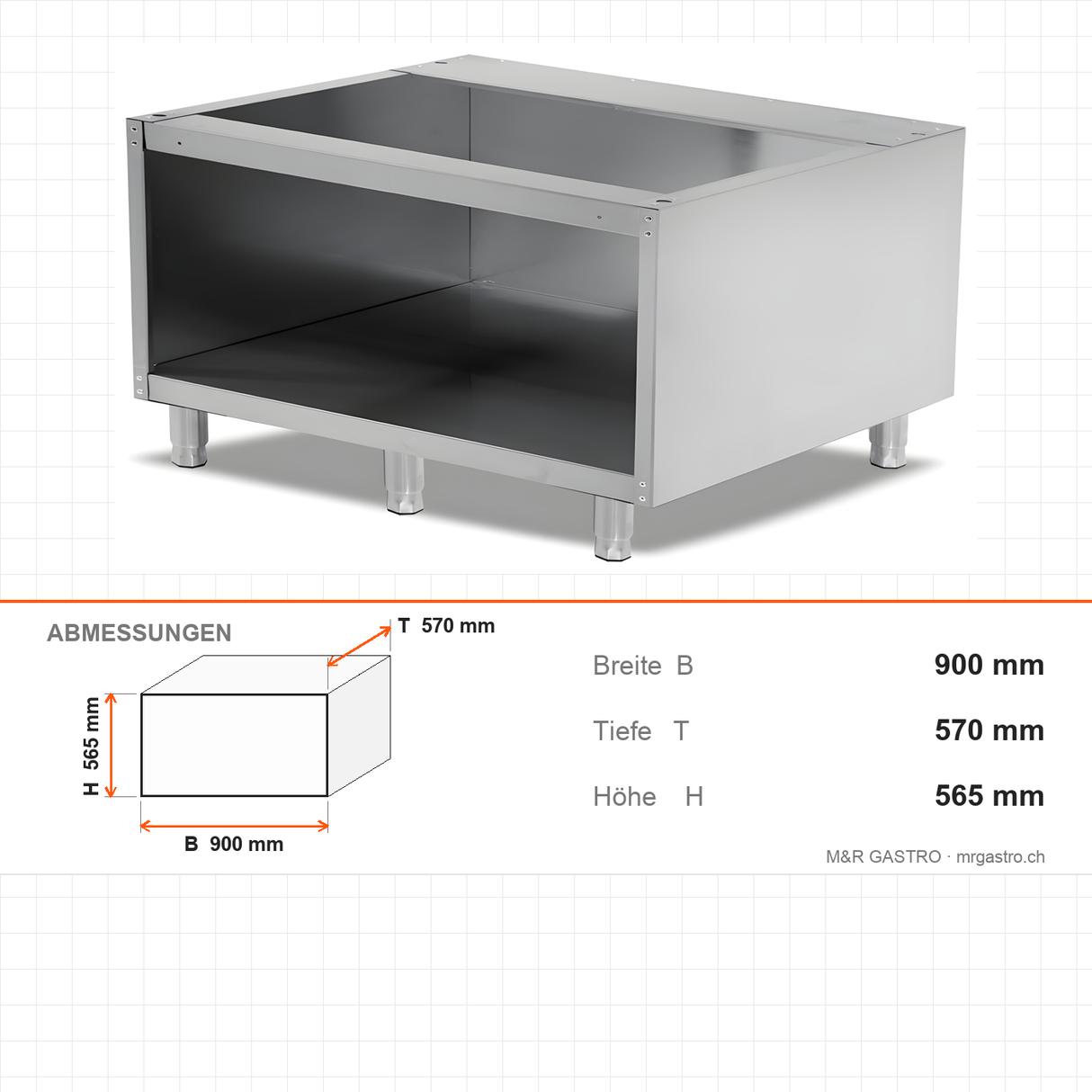 Unterschrank offen, ohne Tür, 900×570×565 mm, Edelstahl, Snack-Line – Abmessungen