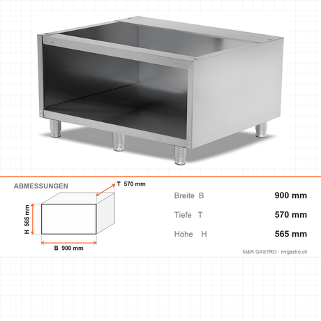 Unterschrank offen, ohne Tür, 900×570×565 mm, Edelstahl, Snack-Line – Abmessungen