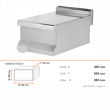 Arbeitsplatte, 1/2 Modul, 400×635×285 mm, Edelstahl, Snack-Line – Abmessungen