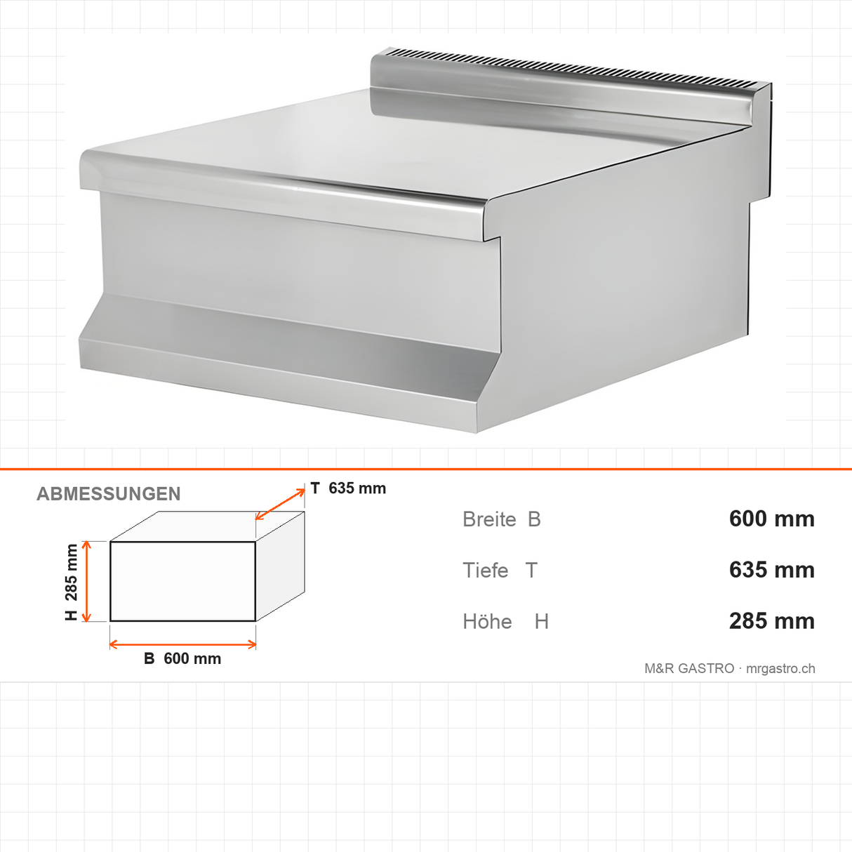 Arbeitsplatte, 1/1 Modul, 600×635×285 mm, Edelstahl, Snack-Line – Abmessungen