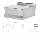 Arbeitsplatte, 1/1 Modul, 600×635×285 mm, Edelstahl, Snack-Line – Abmessungen
