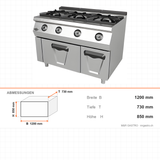 Gasherd 3 Brenner mit Gasbackofen, 36,5 kW, 2x GN 2/1, 1200×730×850 mm, Serie 700 – Abmessungen