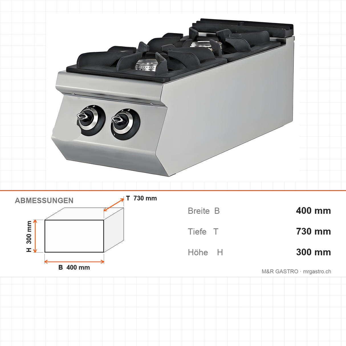 Gasherd 2 Brenner, 14,3 kW, Tischgerät, 400×730×300 mm, Serie 700 – Abmessungen