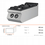 Gasherd 2 Brenner, 14,3 kW, Tischgerät, 400×730×300 mm, Serie 700 – Abmessungen