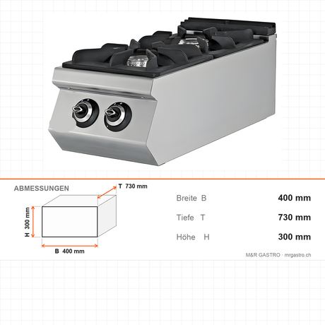Gasherd 2 Brenner, 14,3 kW, Tischgerät, 400×730×300 mm, Serie 700 – Abmessungen