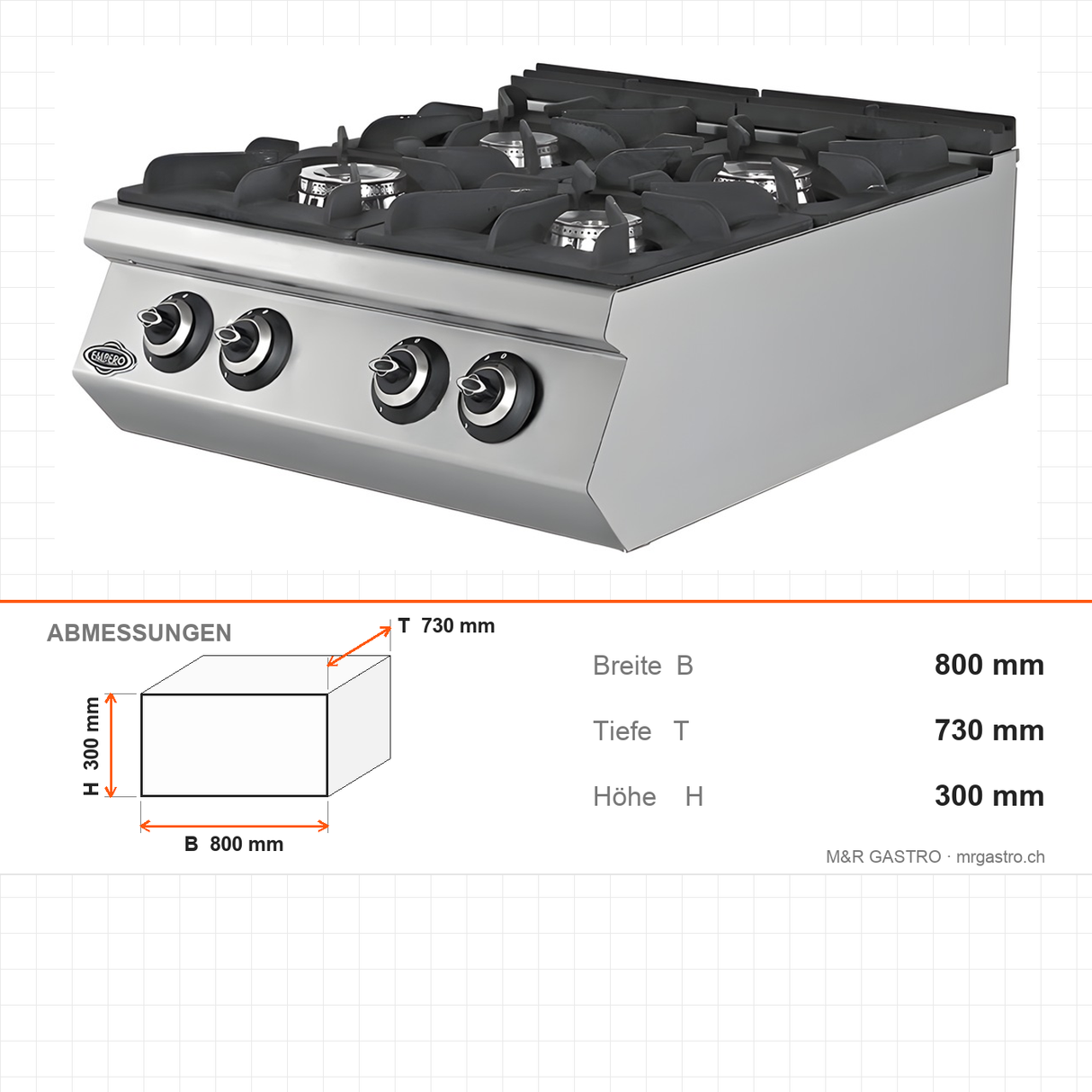 Gasherd 4 Brenner, 28,66 kW, Tischgerät, 800×730×300 mm, Serie 700 – Abmessungen