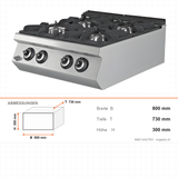 Gasherd 4 Brenner, 28,66 kW, Tischgerät, 800×730×300 mm, Serie 700 – Abmessungen