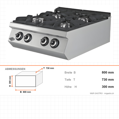 Gasherd 4 Brenner, 28,66 kW, Tischgerät, 800×730×300 mm, Serie 700 – Abmessungen