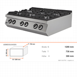 Gasherd 6 Brenner, 43 kW, Tischgerät, 1200×730×300 mm, Serie 700 – Abmessungen