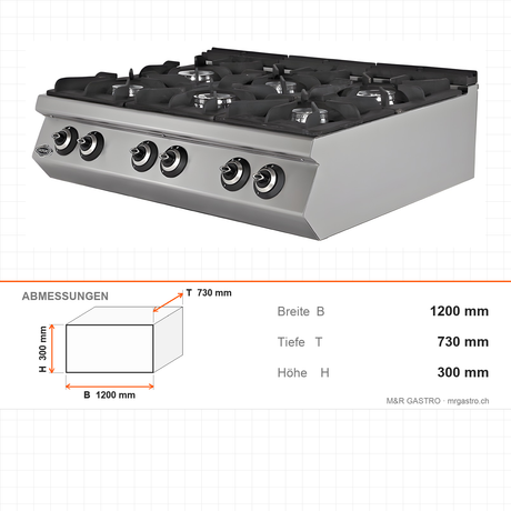 Gasherd 6 Brenner, 43 kW, Tischgerät, 1200×730×300 mm, Serie 700 – Abmessungen