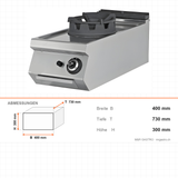 Gas-Wok 1 Brenner, 18 kW, Piezozündung, 400×730×300 mm, Serie 700 – Abmessungen