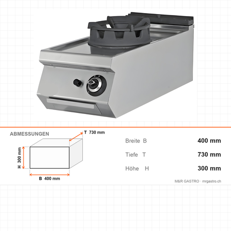 Gas-Wok 1 Brenner, 18 kW, Piezozündung, 400×730×300 mm, Serie 700 – Abmessungen