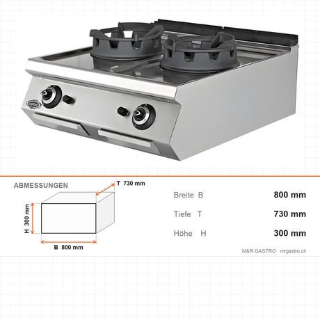 Gas-Wok 2 Brenner, 36 kW, Piezozündung, 800×730×300 mm, Serie 700 – Abmessungen