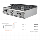 Gas-Wok 3 Brenner, 54 kW, Piezozündung, 1200×730×300 mm, Serie 700 – Abmessungen