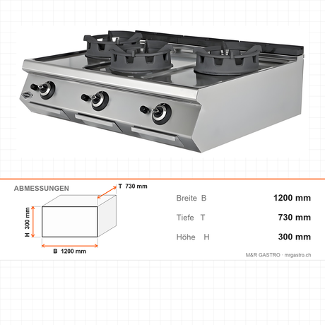 Gas-Wok 3 Brenner, 54 kW, Piezozündung, 1200×730×300 mm, Serie 700 – Abmessungen