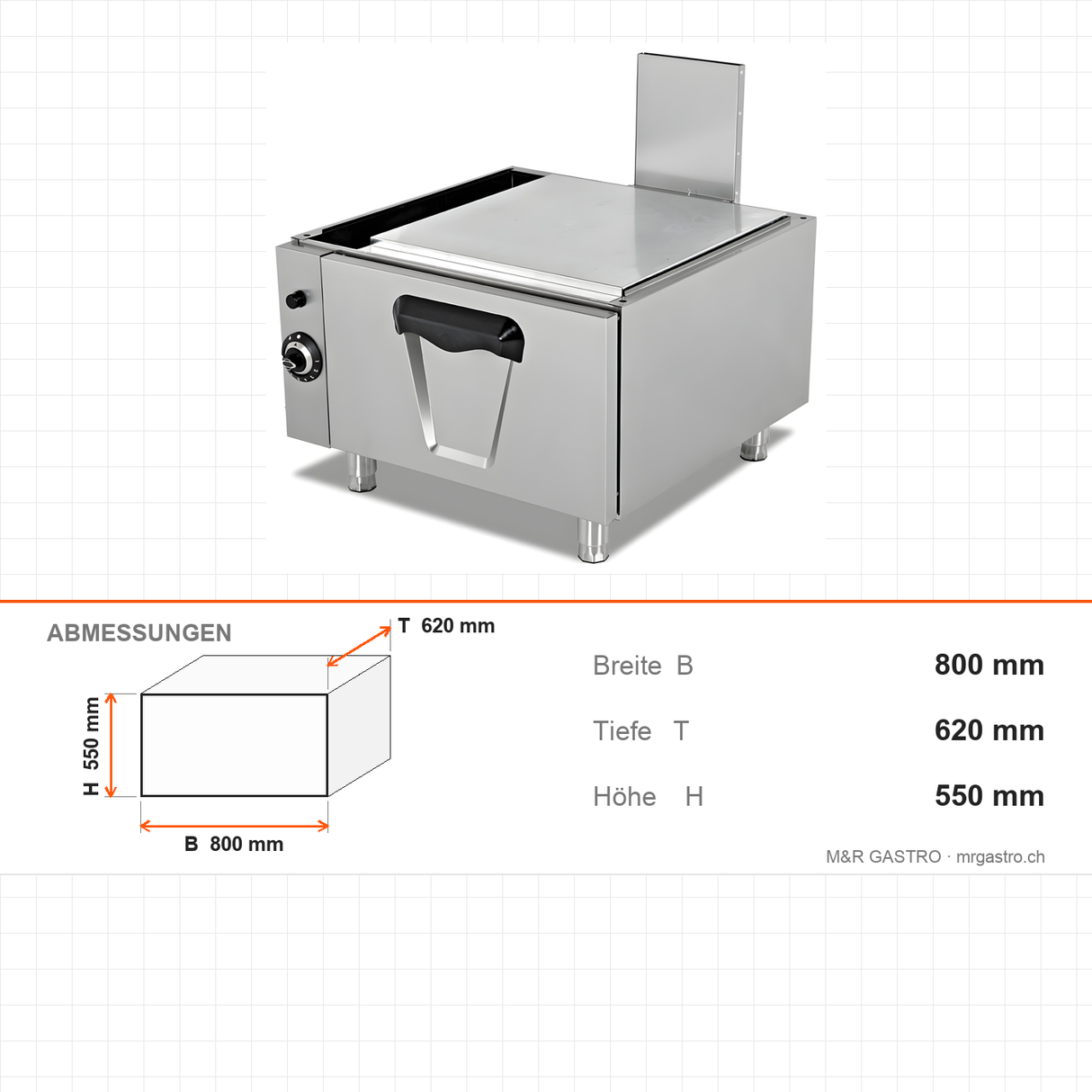 Gasbackofen unterbaufähig, 6,46 kW, 2x GN 2/1, 800×620×550 mm, Serie 700 – Abmessungen