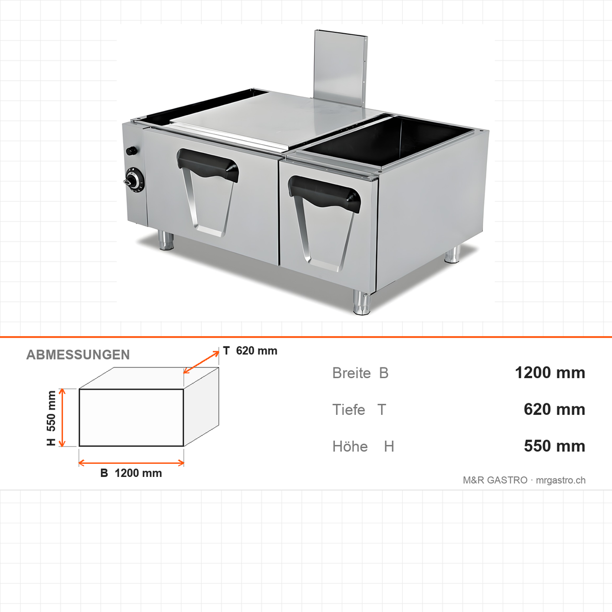 Gasbackofen unterbaufähig, 6,46 kW, 2x GN 2/1, 1200×620×550 mm, Serie 700 – Abmessungen