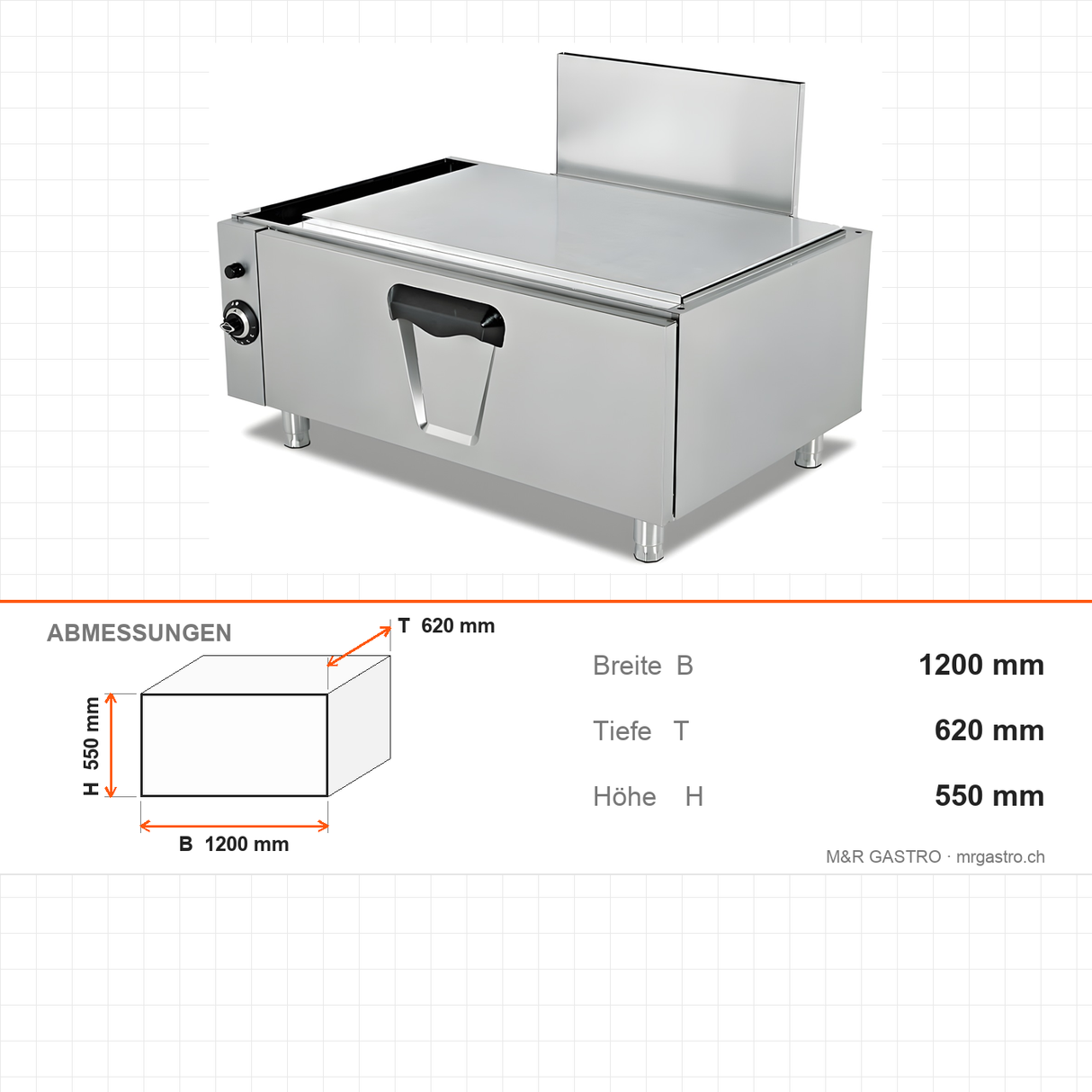 Gasbackofen unterbaufähig, 12,93 kW, 2x GN 2/1, 1200×620×550 mm, Serie 700 – Abmessungen