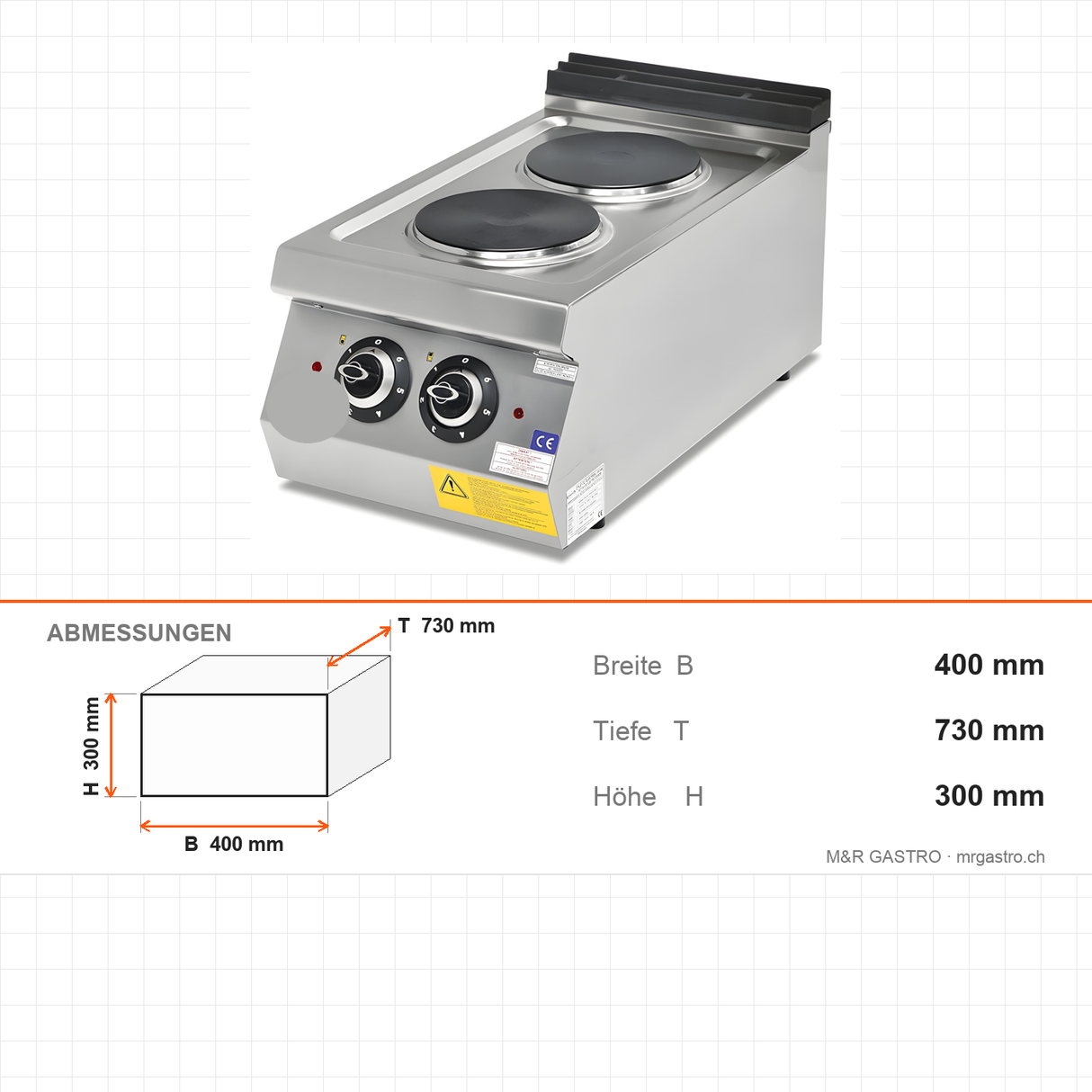Elektroherd 2 Kochplatten, 4 kW, 230V, 400×730×300 mm, Serie 700 – Abmessungen