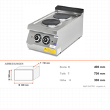 Elektroherd 2 Kochplatten, 4 kW, 230V, 400×730×300 mm, Serie 700 – Abmessungen