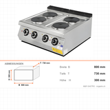 Elektroherd 4 Kochplatten, 8 kW, 400V, 800×730×300 mm, Serie 700 – Abmessungen
