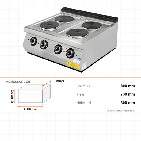 Elektroherd 4 Kochplatten, 8 kW, 400V, 800×730×300 mm, Serie 700 – Abmessungen