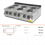 Elektroherd 6 Kochplatten, 12 kW, 400V, 1200×730×300 mm, Serie 700 – Abmessungen