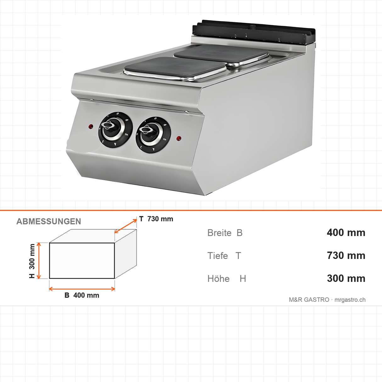 Elektroherd 2 Kochplatten, 4,5 kW, 230V, 400×730×300 mm, Serie 700 – Abmessungen