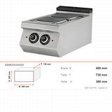 Elektroherd 2 Kochplatten, 4,5 kW, 230V, 400×730×300 mm, Serie 700 – Abmessungen
