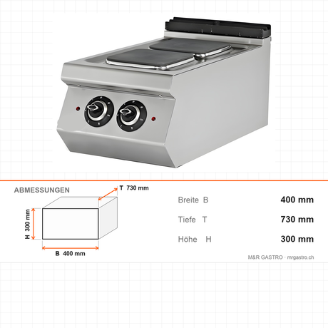 Elektroherd 2 Kochplatten, 4,5 kW, 230V, 400×730×300 mm, Serie 700 – Abmessungen
