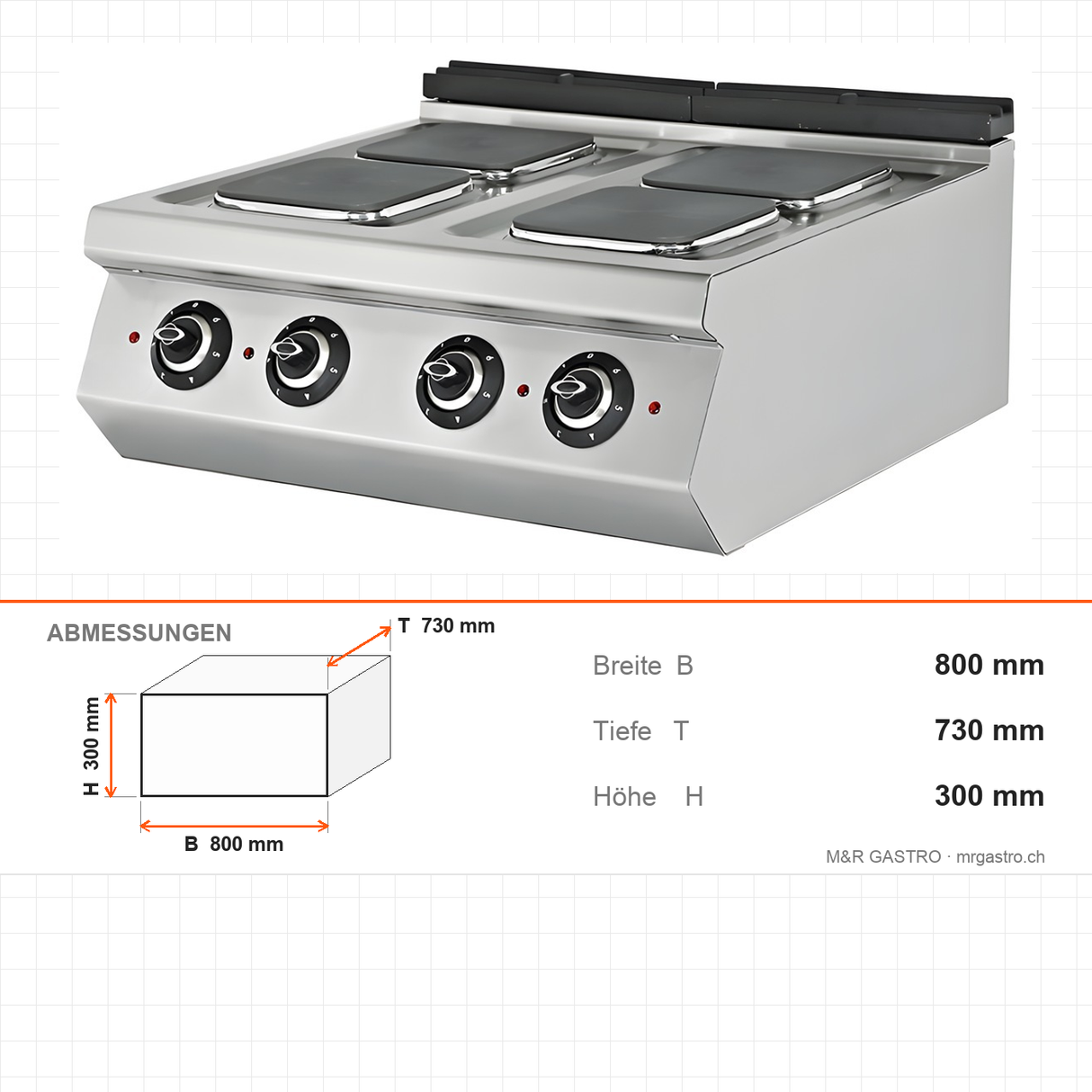 Elektroherd 4 Kochplatten, 9 kW, 400V, 800×730×300 mm, Serie 700 – Abmessungen