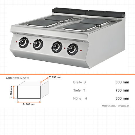 Elektroherd 4 Kochplatten, 9 kW, 400V, 800×730×300 mm, Serie 700 – Abmessungen