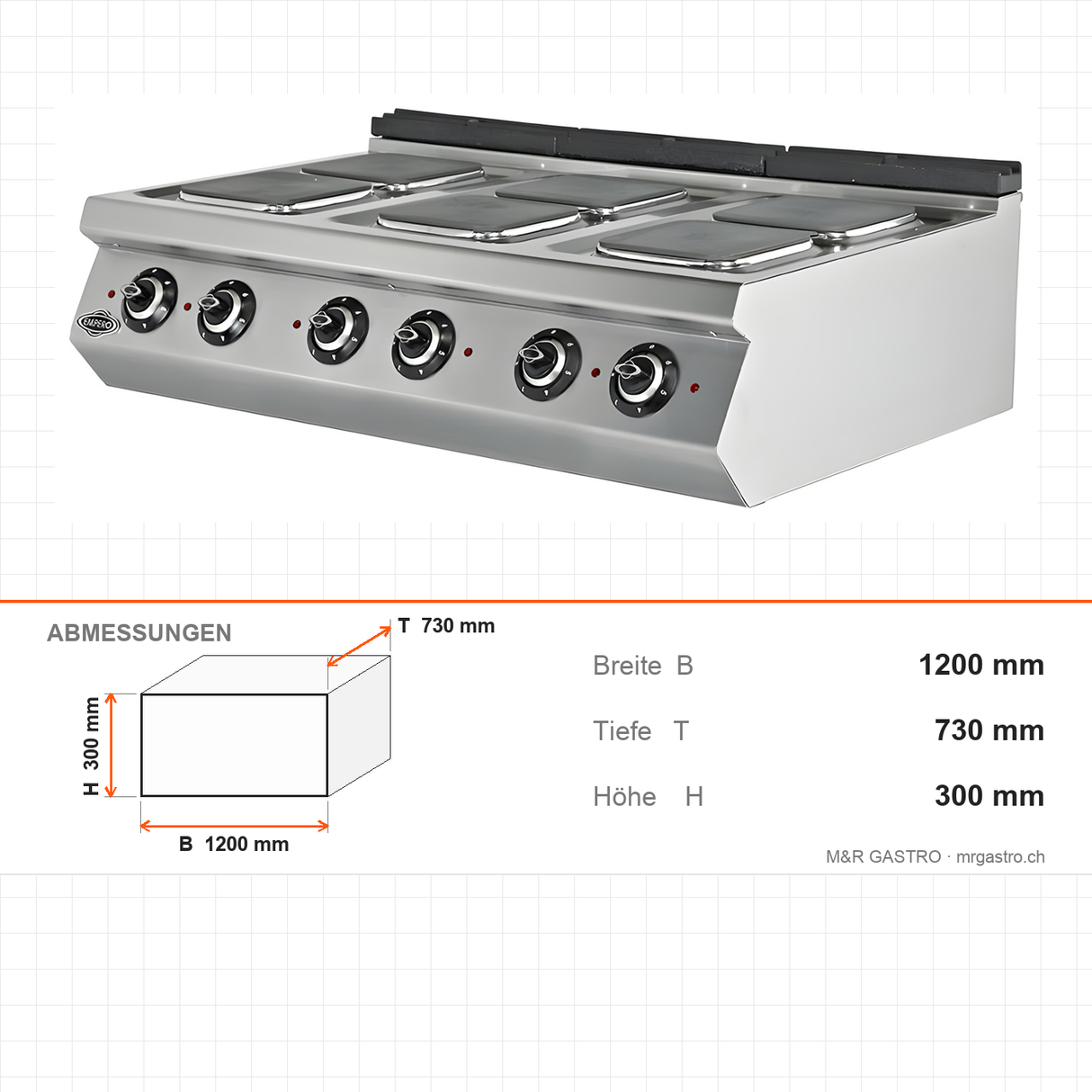 Elektroherd 6 Kochplatten, 13,5 kW, 400V, 1200×730×300 mm, Serie 700 – Abmessungen
