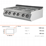 Elektroherd 6 Kochplatten, 13,5 kW, 400V, 1200×730×300 mm, Serie 700 – Abmessungen