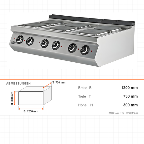 Elektroherd 6 Kochplatten, 13,5 kW, 400V, 1200×730×300 mm, Serie 700 – Abmessungen