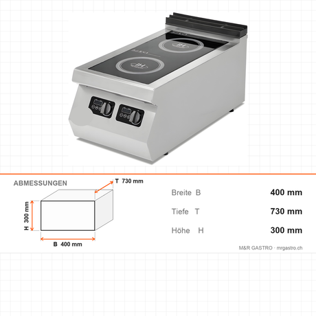 Induktionsherd 2 Kochzonen, 6 kW, 230V, 400×730×300 mm, Serie 700 – Abmessungen