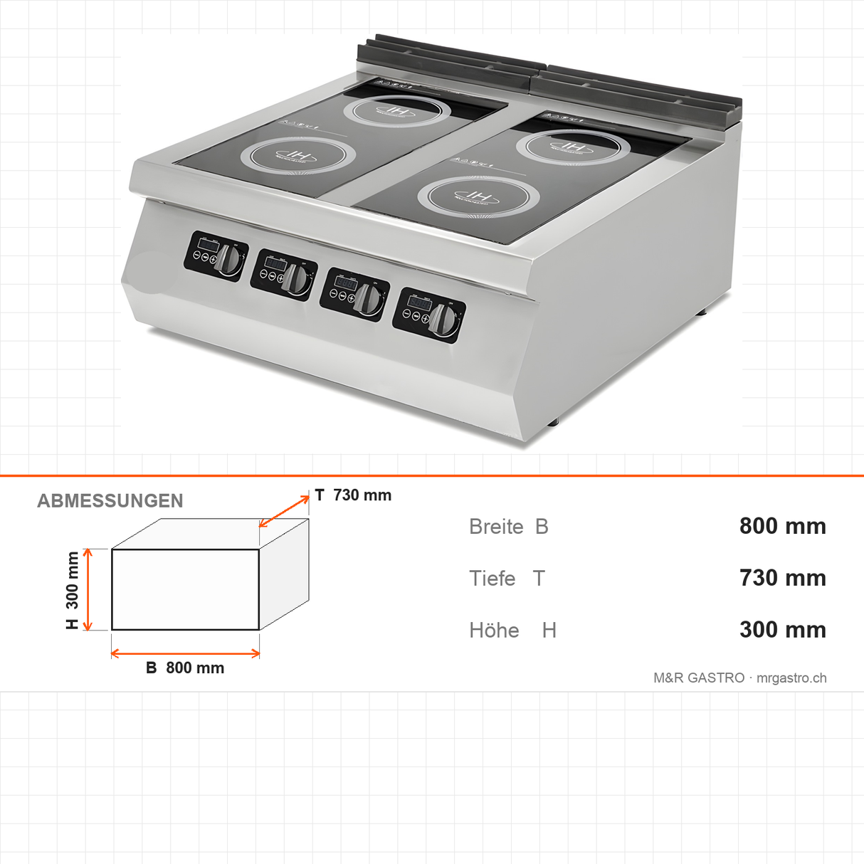 Induktionsherd 2 Kochzonen, 12 kW, 400V, 800×730×300 mm, Serie 700 – Abmessungen