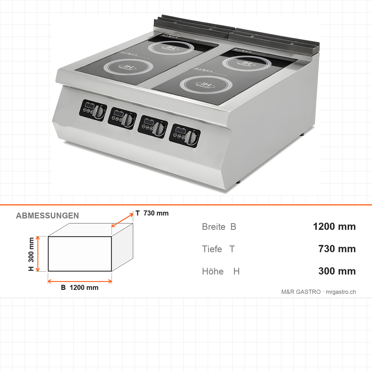 Induktionsherd 3 Kochzonen, 18 kW, 400V, 1200×730×300 mm, Serie 700 – Abmessungen