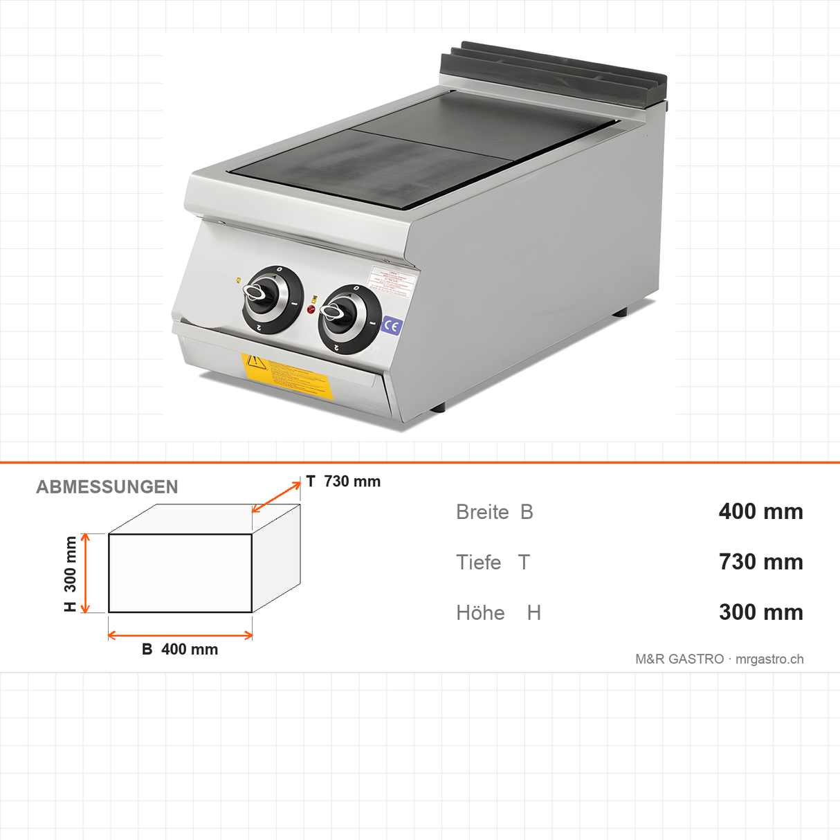 Elektroherd 2 Starkkochplatten russische Art, 5,6 kW, 400×730×300 mm, Serie 700 – Abmessungen