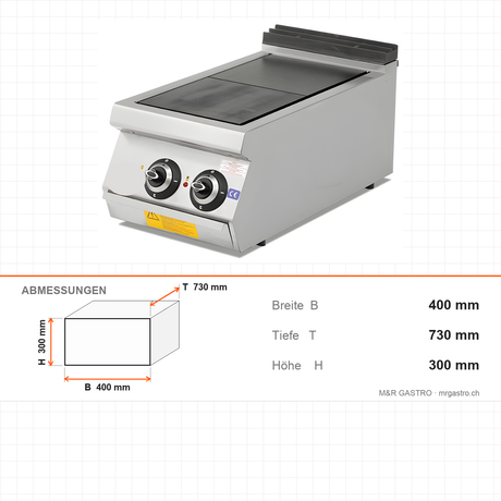 Elektroherd 2 Starkkochplatten russische Art, 5,6 kW, 400×730×300 mm, Serie 700 – Abmessungen