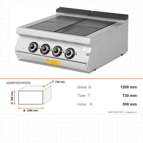 Elektroherd 6 Starkkochplatten russische Art, 16,8 kW, 400V, 1200×730×300 mm, Serie 700 – Abmessungen