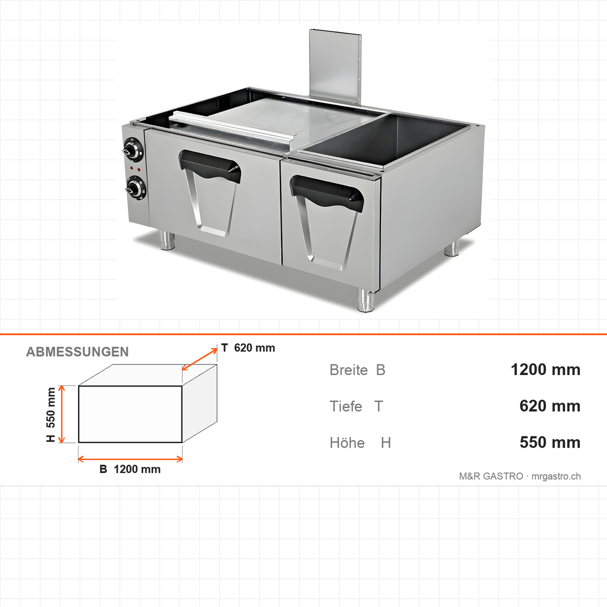Elektrobackofen unterbaufähig, 9 kW, 2x GN 2/1, 400V, 1200×620×550 mm, Serie 700 – Abmessungen