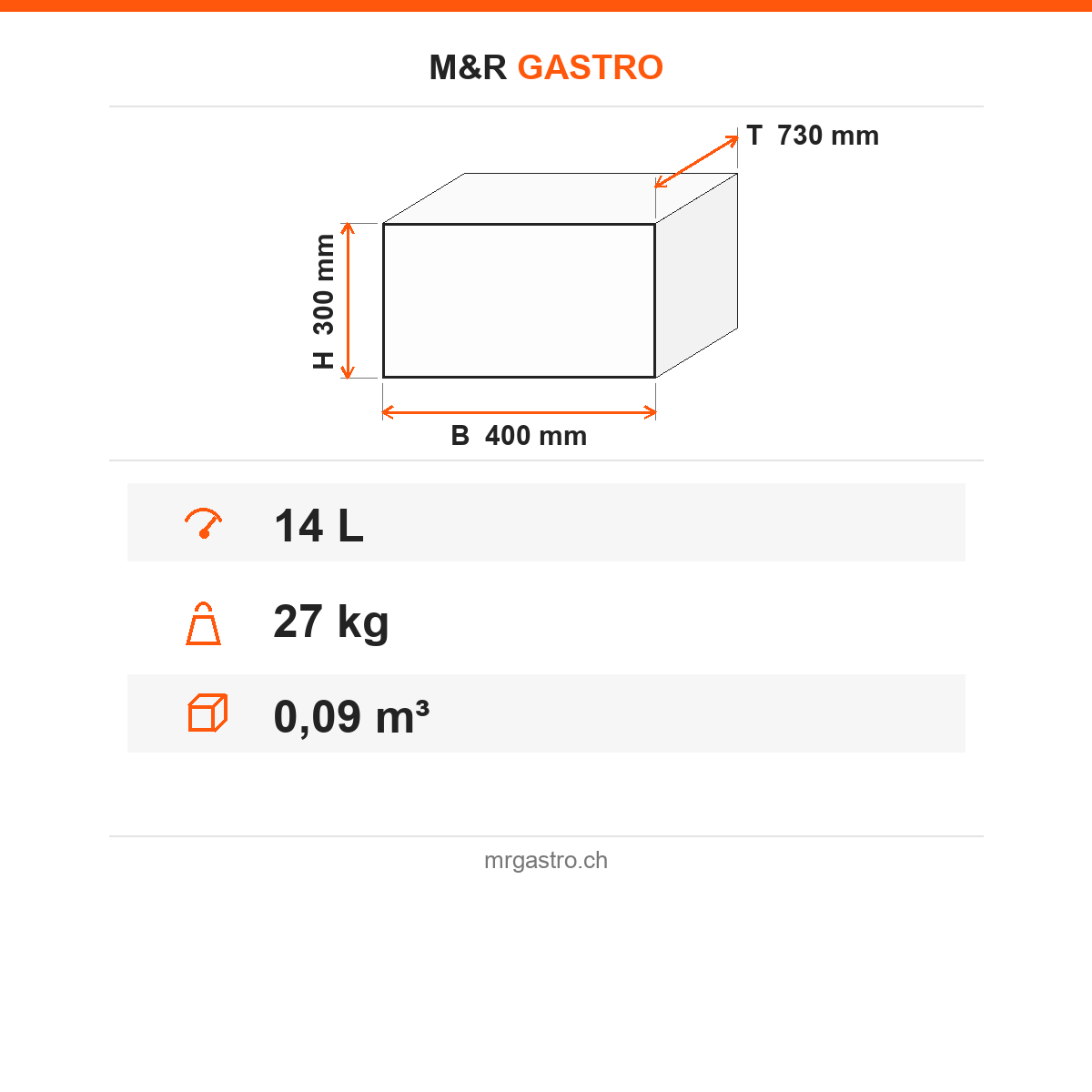 Elektro-Fritteuse 14 Liter, 400V, mit Ablasshahn, 400×730×300 mm, Serie 700 – Technische Daten