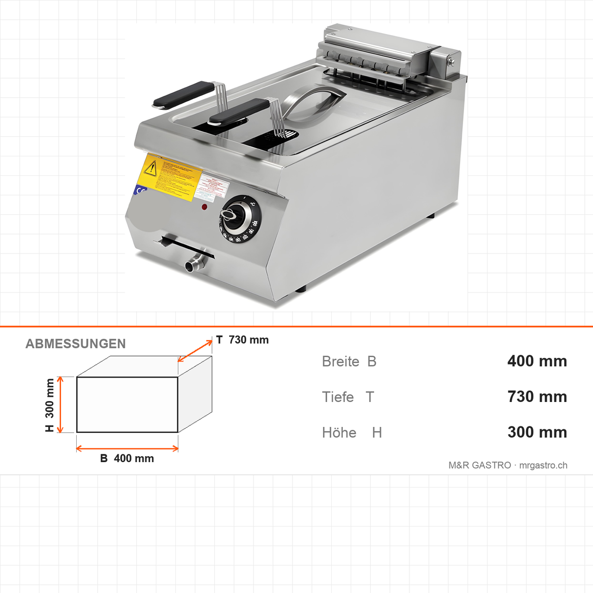 Elektro-Fritteuse 14 Liter, 400V, mit Ablasshahn, 400×730×300 mm, Serie 700 – Abmessungen