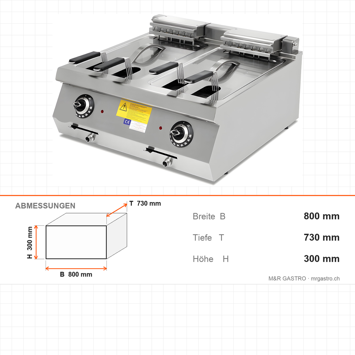 Elektro-Fritteuse 2x 14 Liter, 400V, mit Ablasshahn, 800×730×300 mm, Serie 700 – Abmessungen