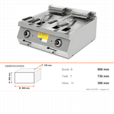 Elektro-Fritteuse 2x 14 Liter, 400V, mit Ablasshahn, 800×730×300 mm, Serie 700 – Abmessungen