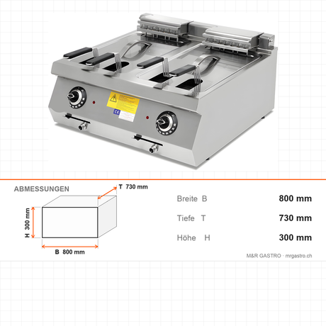 Elektro-Fritteuse 2x 14 Liter, 400V, mit Ablasshahn, 800×730×300 mm, Serie 700 – Abmessungen