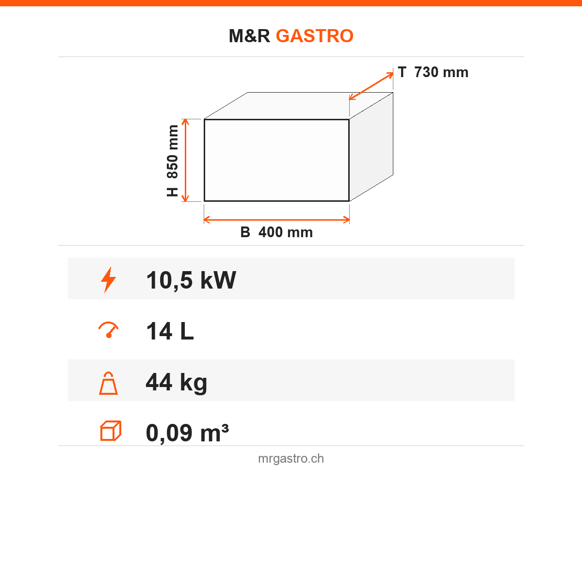 Elektro-Fritteuse 14 Liter mit Unterschrank, 10,5 kW, 400V, 400×730×850 mm, Serie 700 – Technische Daten