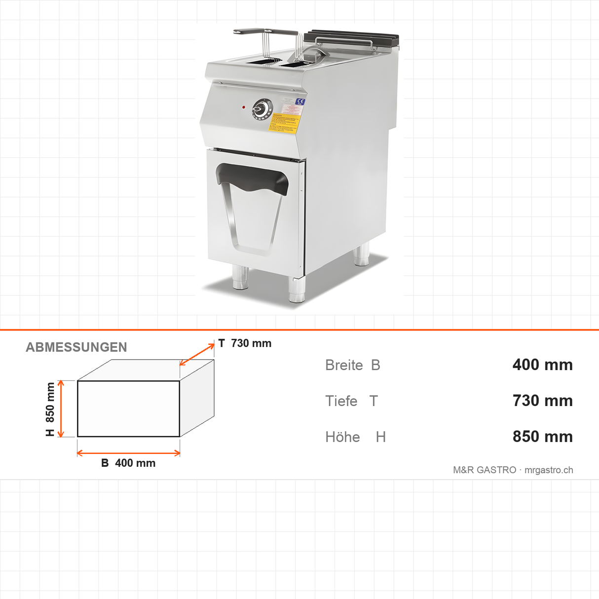 Elektro-Fritteuse 14 Liter mit Unterschrank, 10,5 kW, 400V, 400×730×850 mm, Serie 700 – Abmessungen